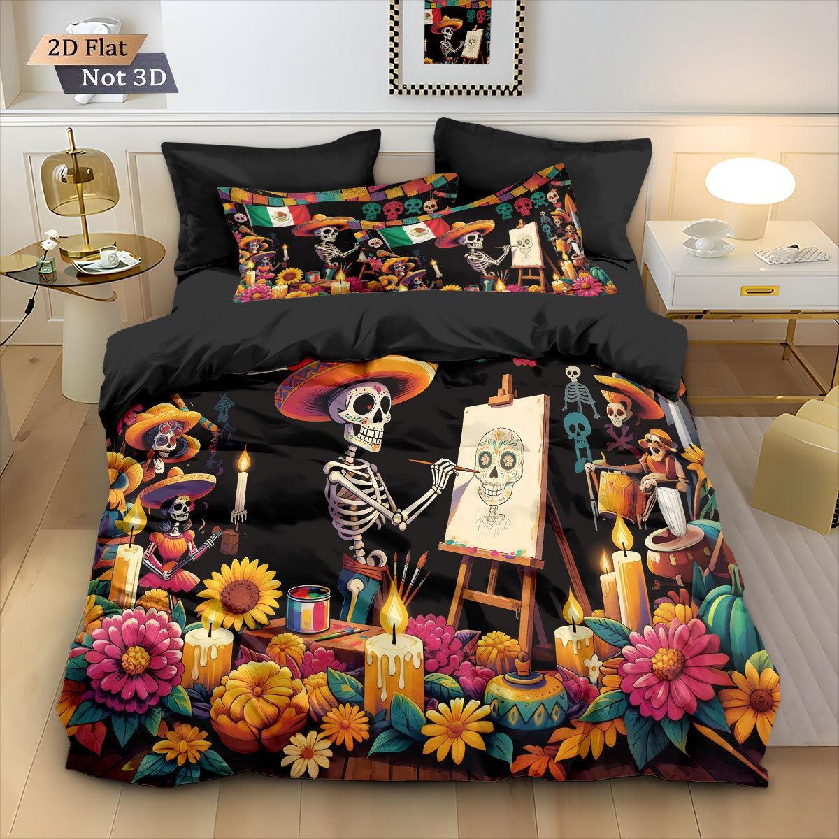 

Day Of The Dead Quilt Cover Bed Three-Piece Skull Digital Printing Kit Polyester Pillowcase Quilt Cover 135x200cm