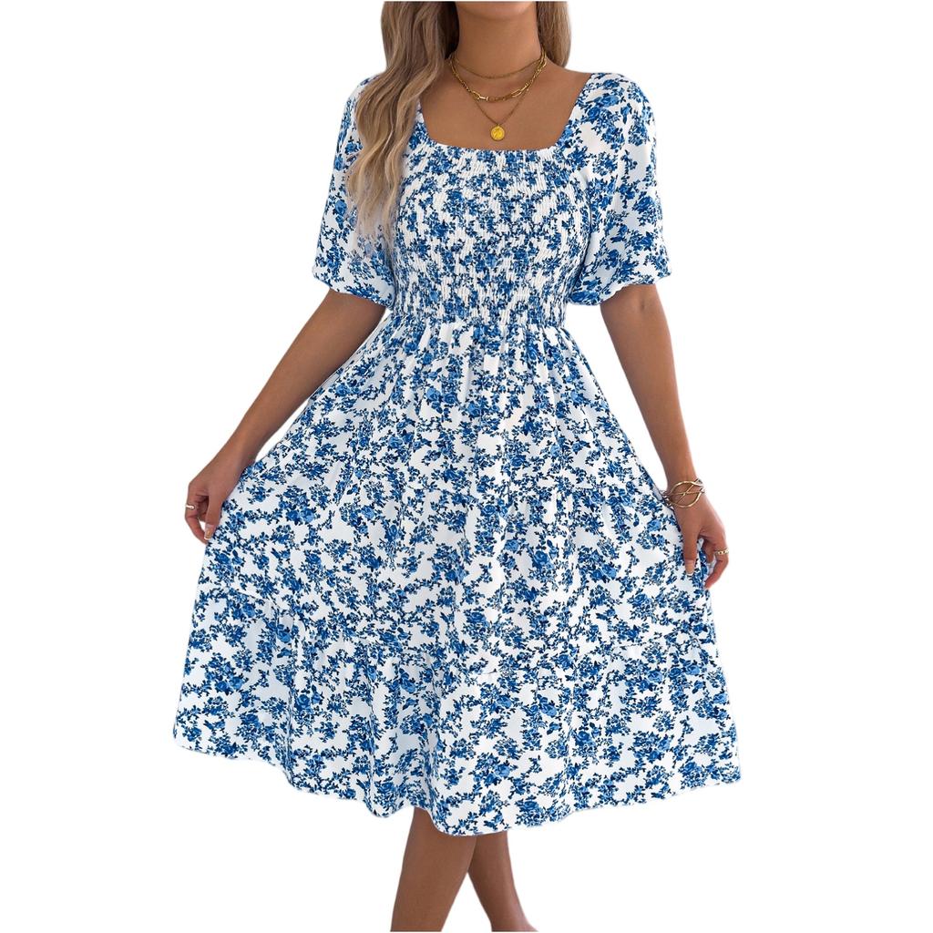 Women's Fashionable Floral Print Square Collar  Short Sleeved Dress With Large Skirt And Loose Fit