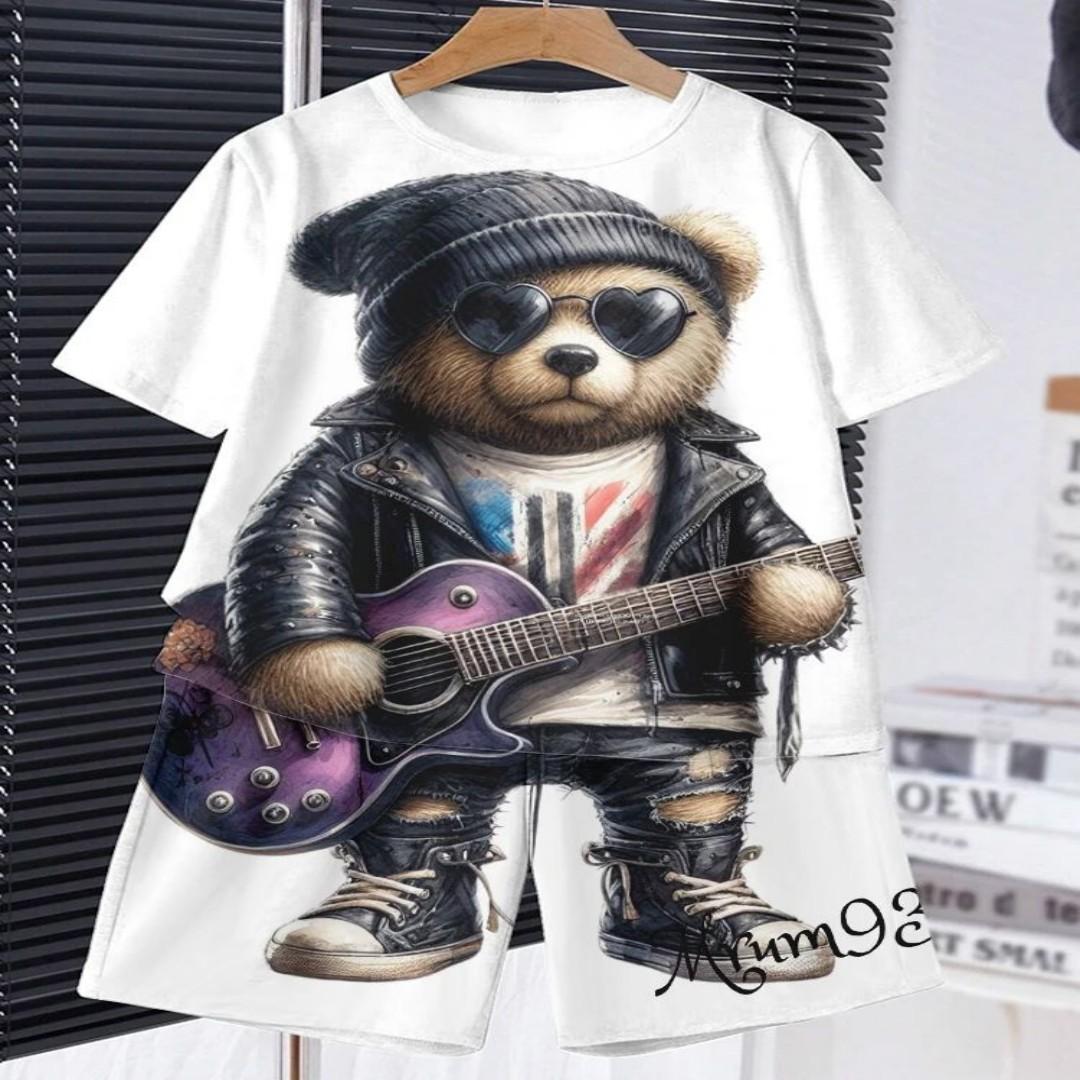 

2025 Лето новый детский комплект 3D мультяшный принт медведя комплект из 2 предметов футболка и шорты Летняя мода повседневные детские шорты шор 160