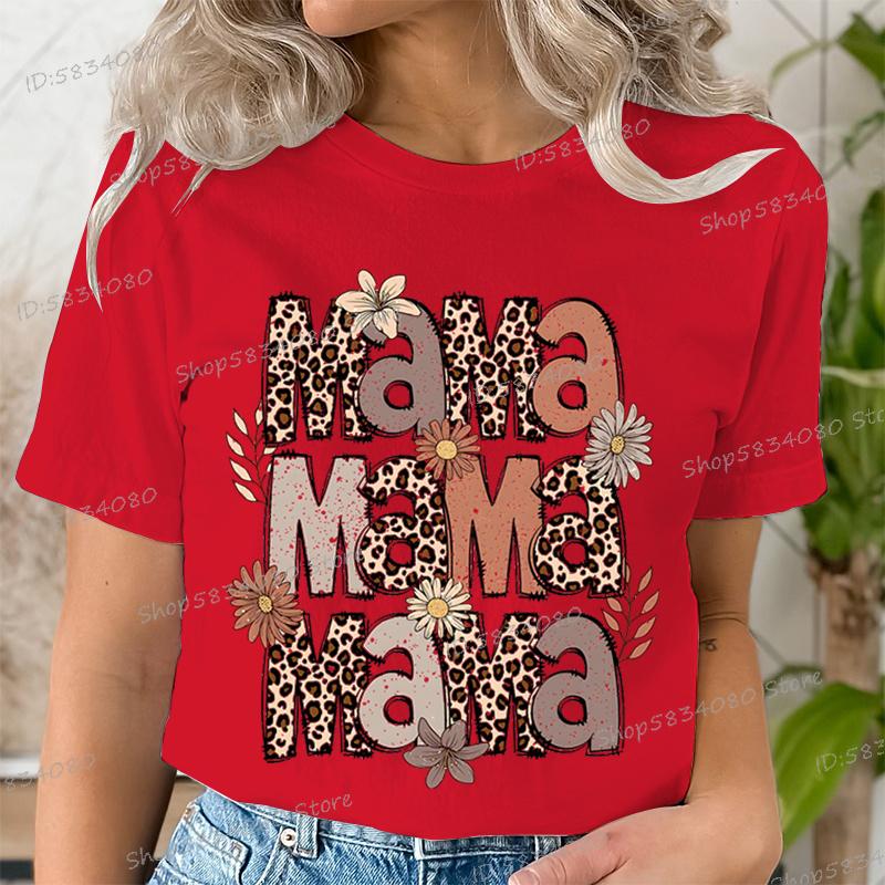 Fashion Funny Leopard Mama Flower Print Kids Short Sleeves T-Shirt Loose Casual Summer Outdoor Street Boy and Girl Tees Tops