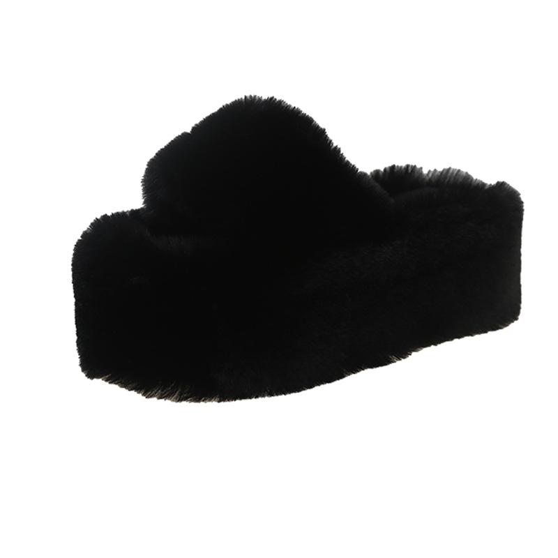 Super high heel fluffy slippers women's outer wear 2025 new autumn and winter thick bottom small man height increase home indoor cotton slippers