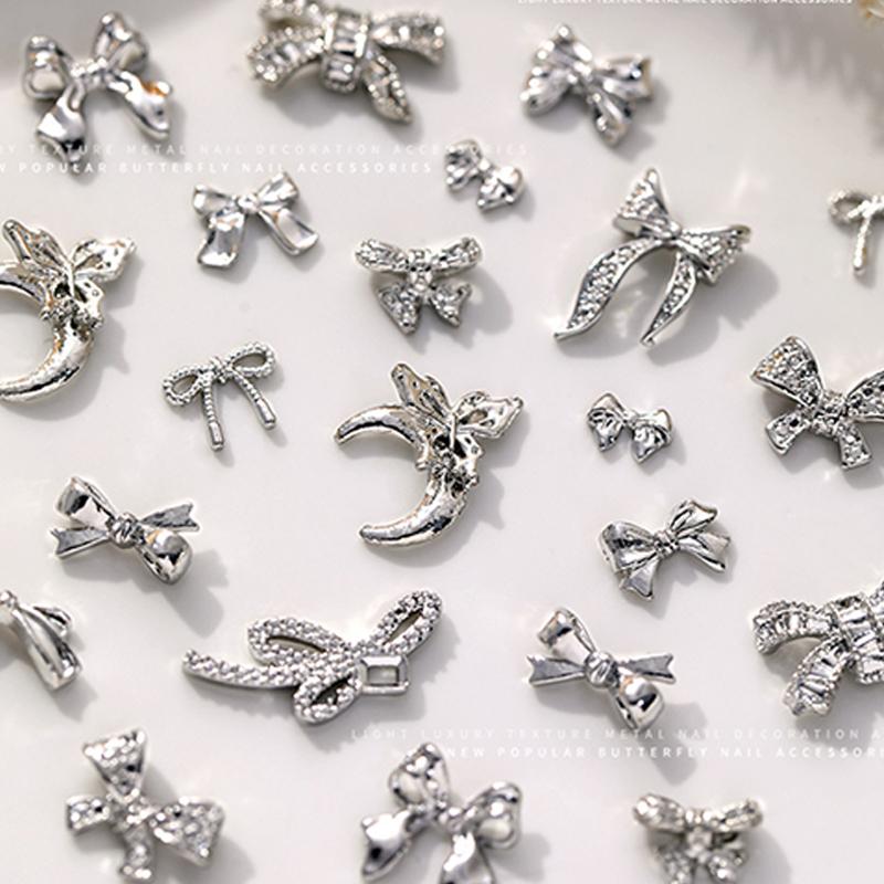 10Pcs Silver Alloy Nail Art Bow Charms Accessories Parts For Manicure Decorate Retro Nails Decoration Design Supplies