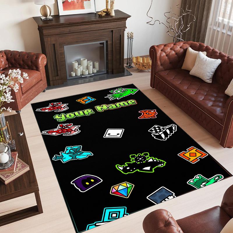 Personalized Crystal Velvet Carpet Custom Name Text,Geometry Dash Anti Slip Area Rug For Home Decoration