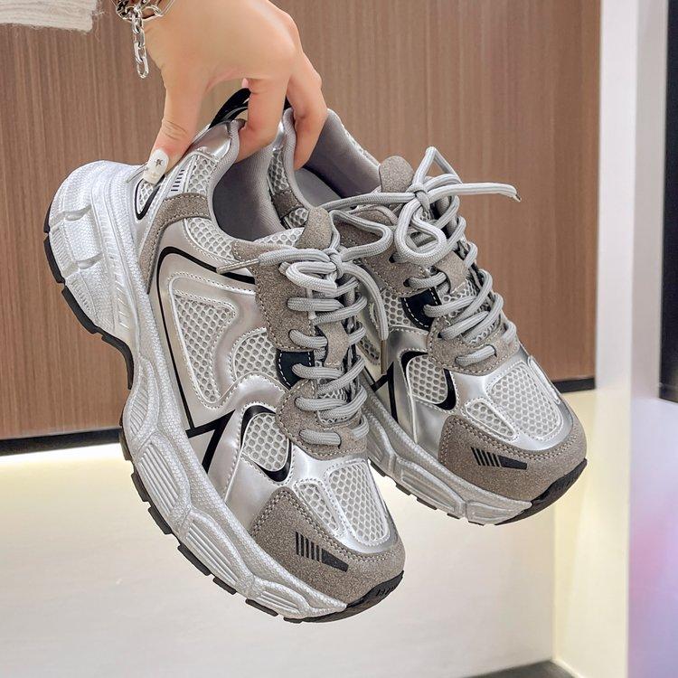 Spring Women's Shoes Silver Thick Sole Versatile Casual Shoes Women's Lightweight and Breathable Sneakers Zapatos Mujer