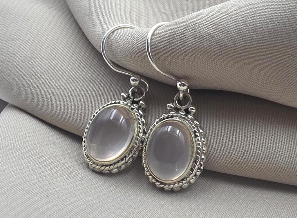 Rose Quartz Earrings 925 Sterling Silver Dangle Oval Gemstone Jewelry