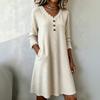 Women's Color V-Neck Sweater Dress with Lace Trim, Button and Two Pockets