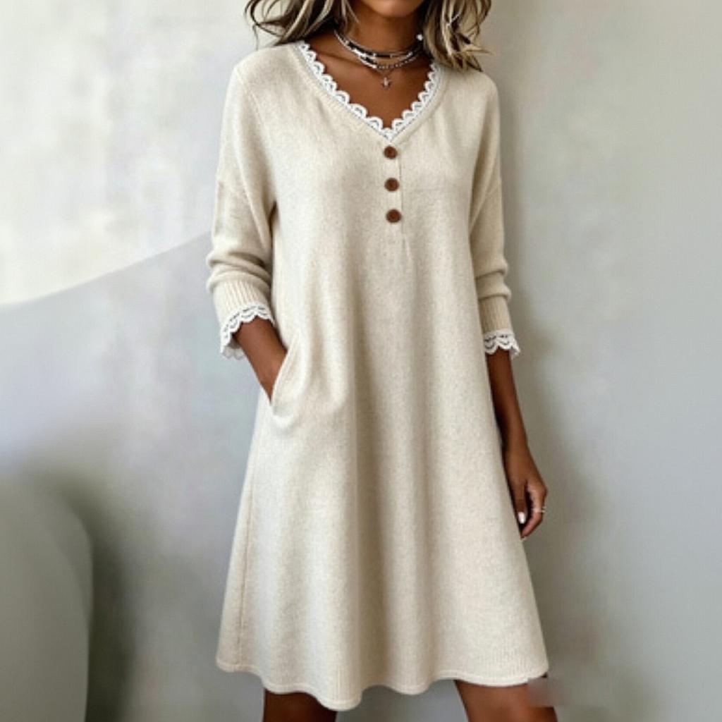 Women's Color V-Neck Sweater Dress with Lace Trim, Button and Two Pockets