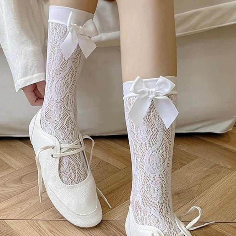 Summer Thin Lace Sexy Hollow Stacking Socks Bow Tie Niche Retro Ballet Calf Socks