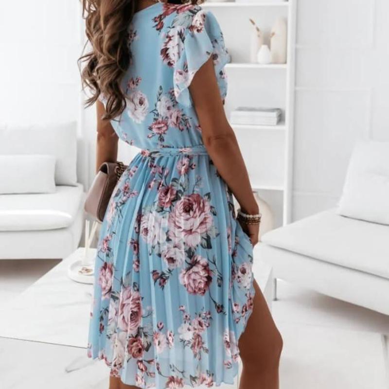 Loose Summer Pleated Women Midi Dress V Neck High Waist Casual Dress