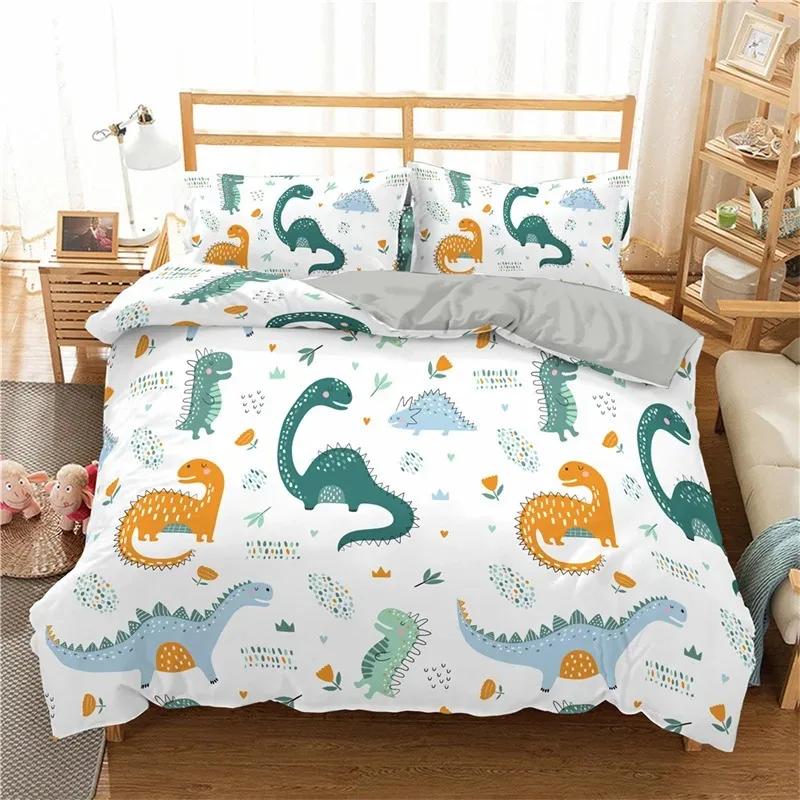Cute Cartoon Dinosaur Duvet Cover For Boy Girl 2/3Pcs Kawaii Animal Dinosaur Print Bedding Set Twin Queen Microfiber Quilt Cover