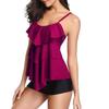2-teiliges Rüschen-Schicht-Tankini-Set Kurz Übergröße Spaghettiträger Bauchkontrolle Konservativ Blumendruck Strand Badehose