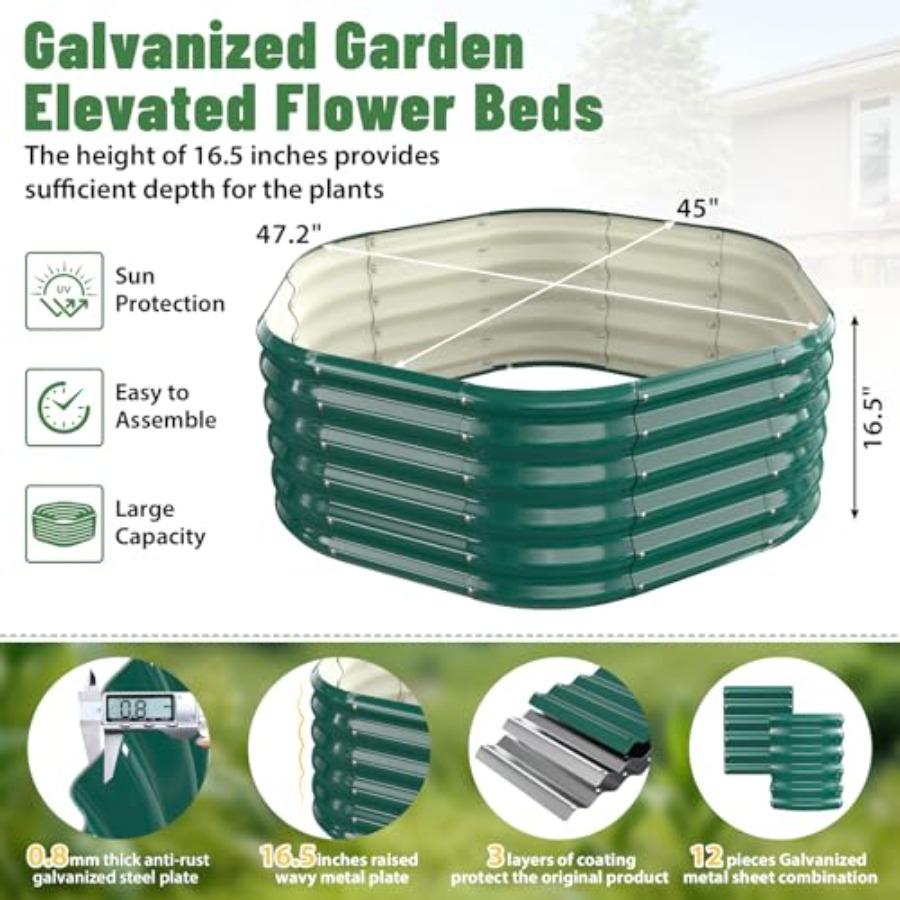 4FT X 1.5FT Hexagon Raised Garden Bed 48 Inch Diagonal 16.5 Inch Tall Galvanized Steel Planter with Wave-Shaped Panels for Outd