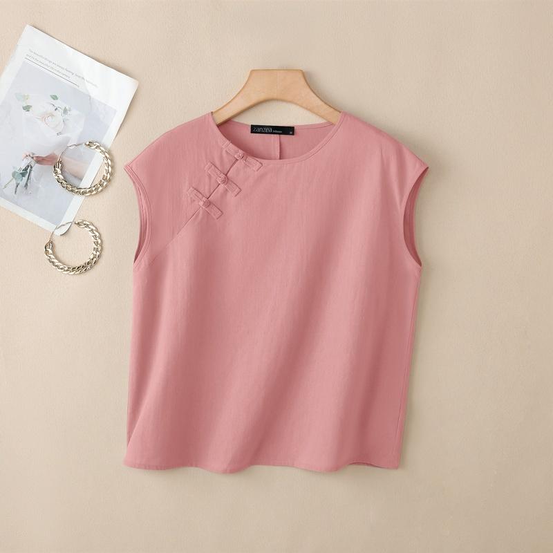 ZANZEA Women Casual Round Neck Solid Color Sleeveless Blouse