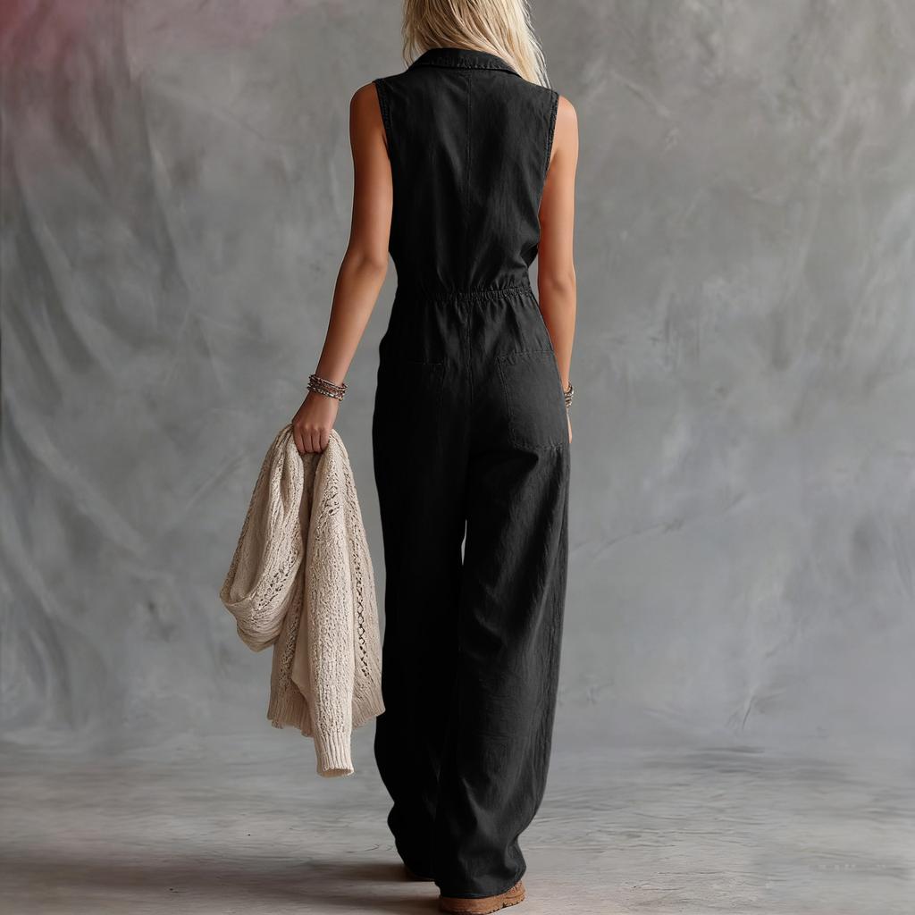 Dámský módní overal s výstřihem do V a stažením v pase, široké nohavice