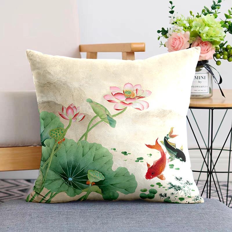 New Chinese Style Pillow Cushion Chinese Style Pillow Case Sofa Living Room Beige Lotus Zen Plush Back Pillow Case
