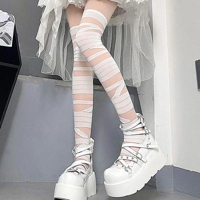 Meias Femininas Bandagem Seda Coxa Joelho Meias Cruzadas Transparente Branco Preto Meias Góticas Punk Meias Longas Meias Femininas