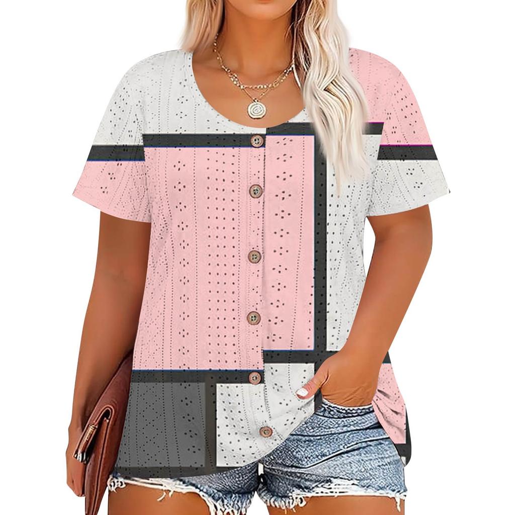 Plus Size Women's Fashion Casual Vintage Printed O-Neck Short Sleeve Button T-Shirt Top