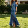 Women Denim Dress, Mesh Patchwork Mock Neck Jeans Midi Dress, Short Sleeve Cutout A-Line
