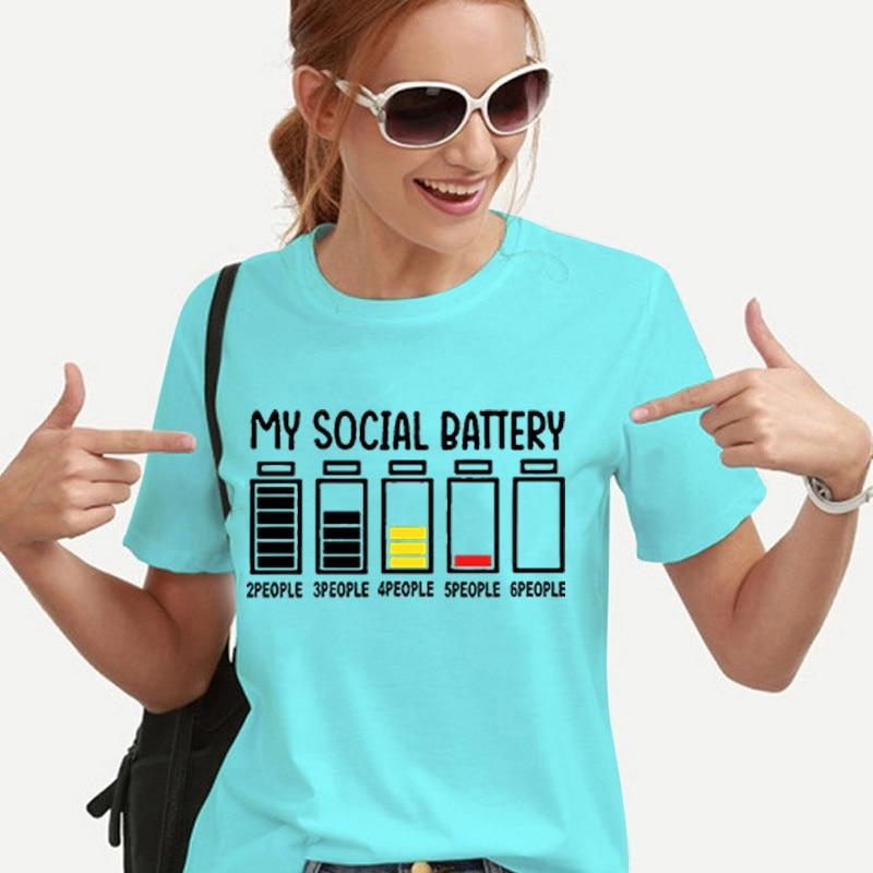 My Social Battery Funny Unisex's T-shirts Grunge Y2K Tops for Girls Korean Fashion Tees Kawaii Electric Battery Graphic T Shirts