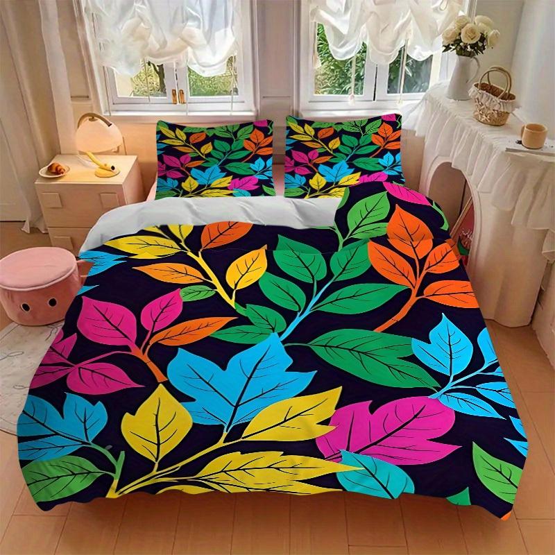 3Pcs Colorful Leaves Pattern Printed Bedding Set, Breathable And Soft,(Includes 1 Duvet Cover And 2 Pillowcases, Quilt Not Included) yy250815203