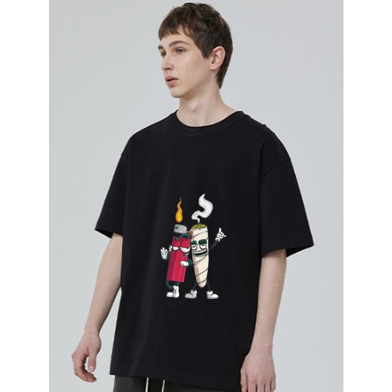 Crew Neck T Shirt Black Lighter and Joint Cartoon Print Casual Wear for Men and Women Streetwear Fashion Summer Outfit