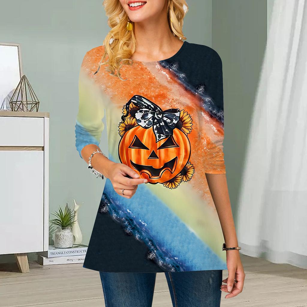 Übergröße Damen Blumen Kürbis Druck Rundhals Lässig Locker Langarm Oberteil