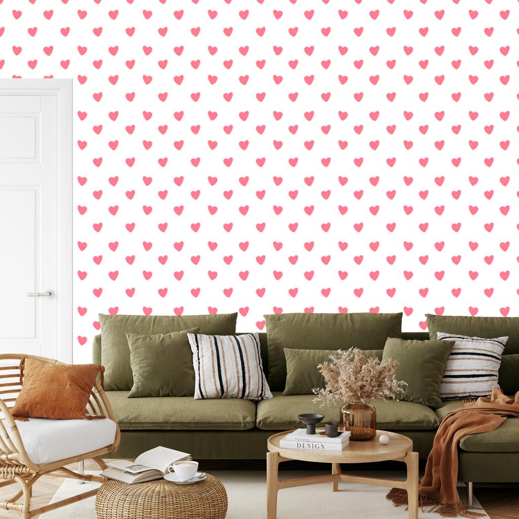 Hearts Wallpaper White and Coral 50x1000