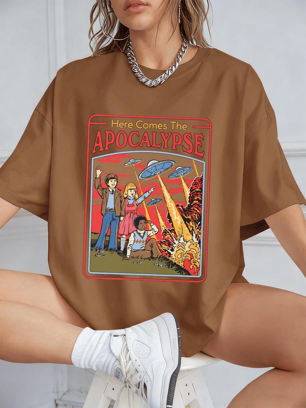 Here Comes The Apocalypse Ufo Prints TShirts Womens Summer Cotton Short Sleeve Tops Loose ONeck Soft T Shirt Street Clothes S