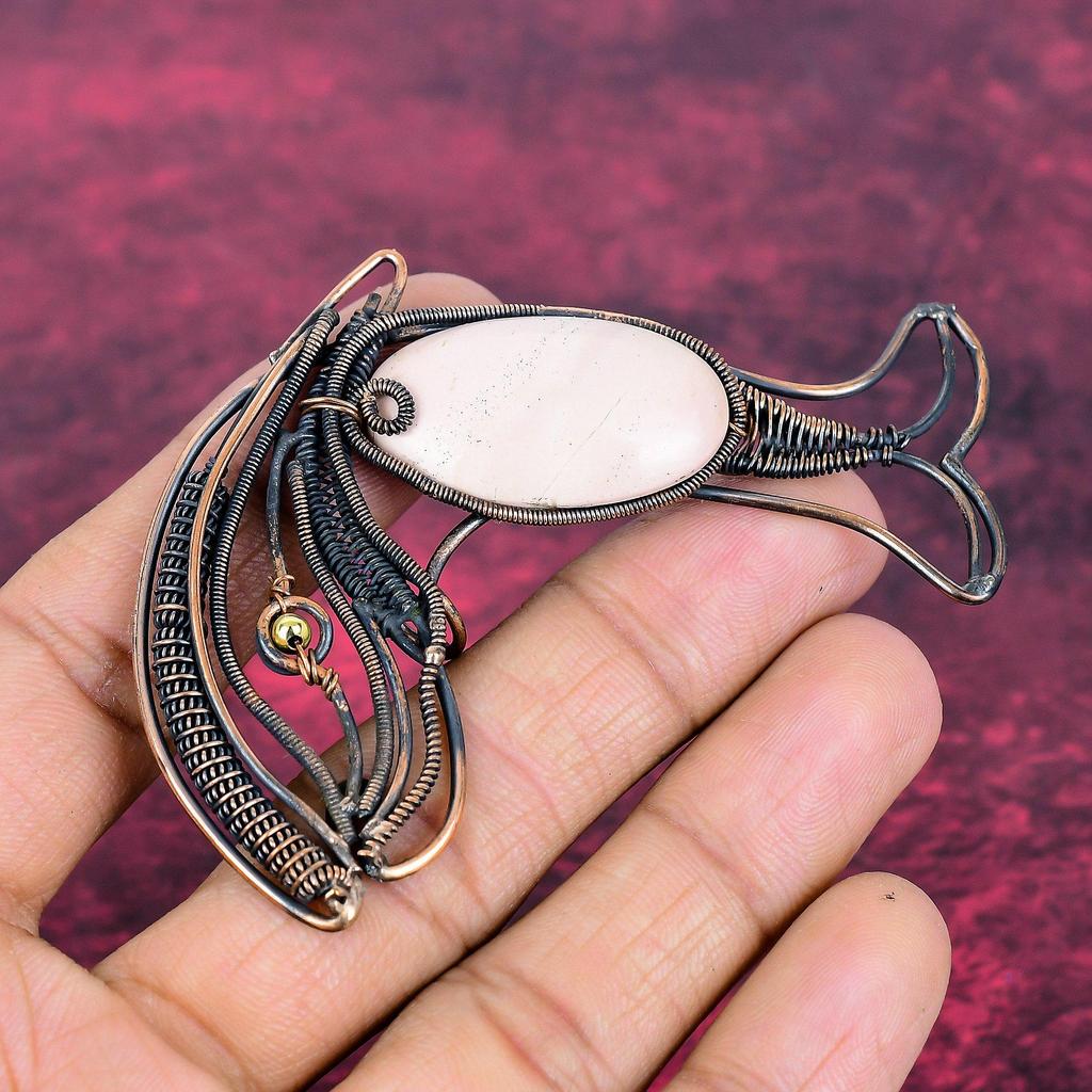 Pink Opal Gemstone Pendant Fish Pendant Copper Wire Wrapped Handmade Jewelry
