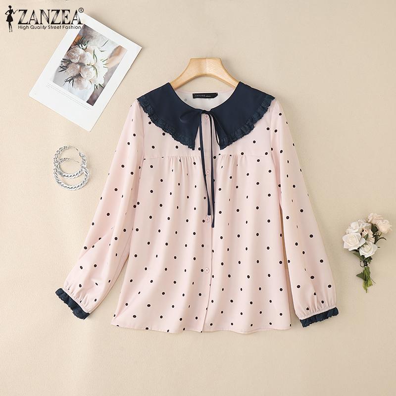 ZANZEA Women Splice Doll Collar Casual Long Sleeve Polka Dot Print Blouse