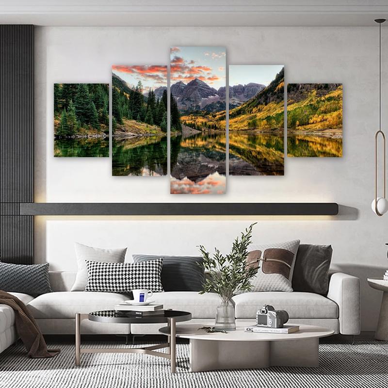 5 Panels Landscape Posters Canvas Painting Lake Mountain Pictures Prints Wall Art For Living Room Modern Home Decor No Frame