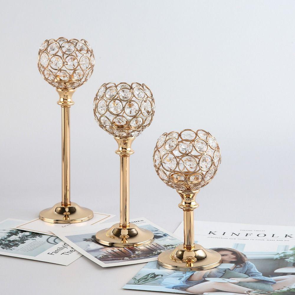 Metal Crystal Candlestick Romantic Craft Candelabra Golden Crystal Bowl Candle Holders  Party
