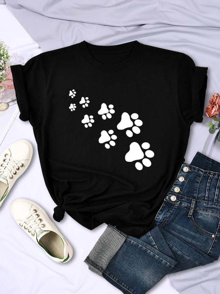 Wear Breathable Round Neck Top Soft Creative Ladies Short Sleeve White Cat Paw Print Tshirt Womens Fashion Summer Casual