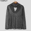 INCERUN Men Cowl Neck Long Sleeve See Through Irregular Tops Glitter Mesh T-shirts