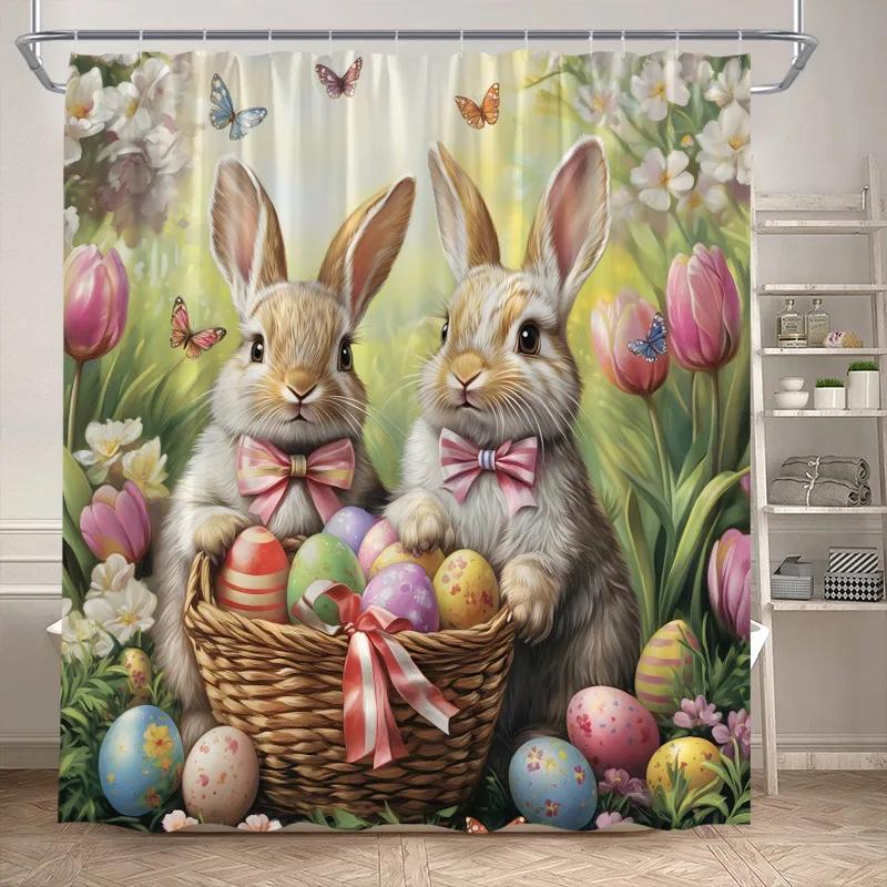 Funny Easter Shower Curtains Cute Cat Rabbit Eggs Butterfly Tulip Flowers Rustic Fabric Home Bathroom Curtain Decor With Hooks