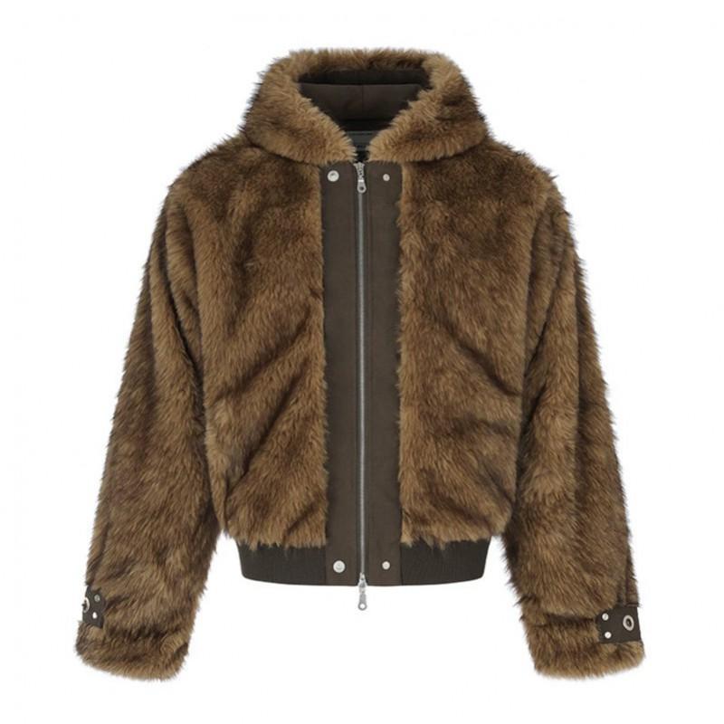 American Retro Fuzzy Hooded Puffer Coat Men 2026 Loose Casual Warm Winter Jacket