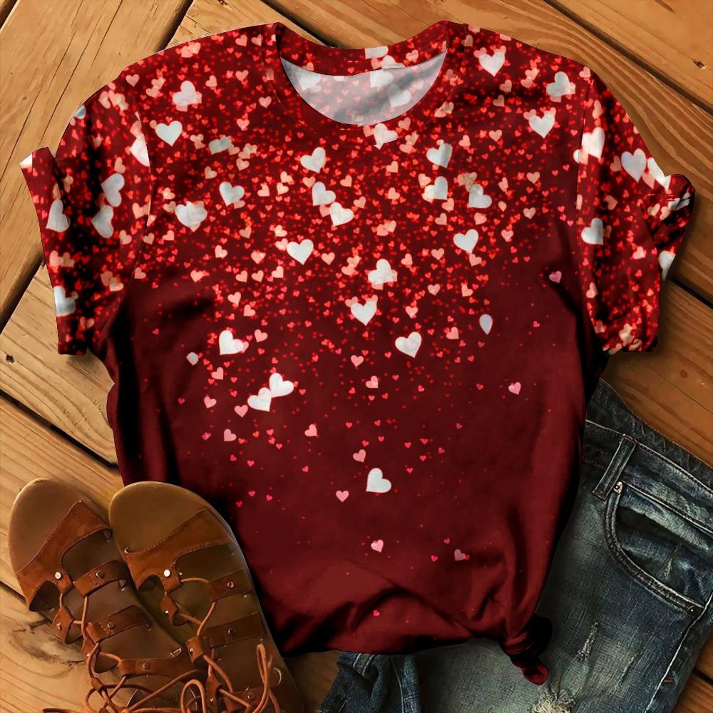 Love Floral Heart Pattern 3D Print T-Shirts Women O-Neck Short Sleeve T Shirt Y2k Harajuku Streetwear Tees Top Female Clothing