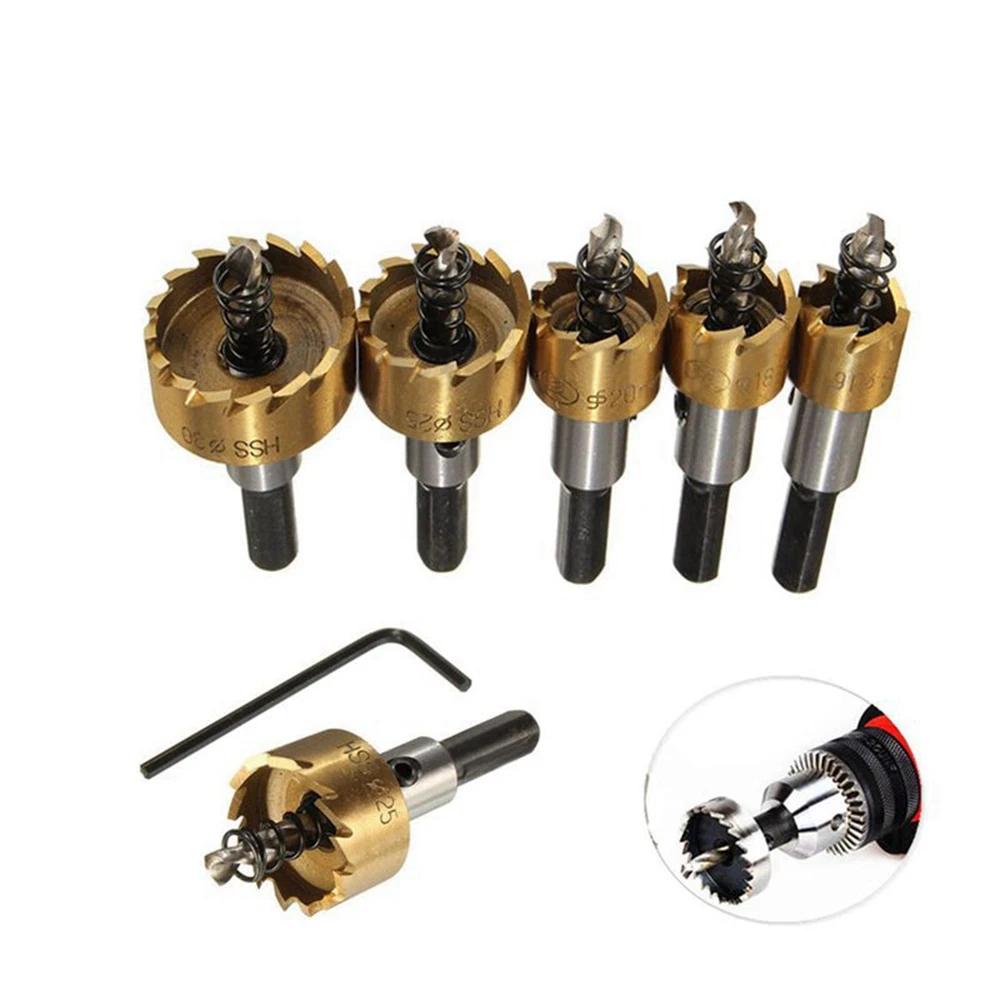 5Pcs Titanium Coated HSS Drill Bit Hole Saw Set Stainless Steel Metal Alloy Cutting 16 18.5 20 25 30mm for Woodworking