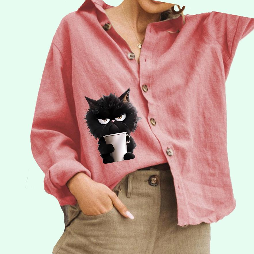 

Женская мода с принтом кота, повседневная рубашка из хлопка и льна, женская блузка на пуговицах 3XL розовый