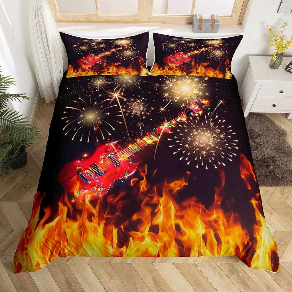 Guitar Bedding Set Punk Rock Music Duvet Cover Set For Kids Teens Boys Young Man Rotating Musical Instrument Comforter Cover