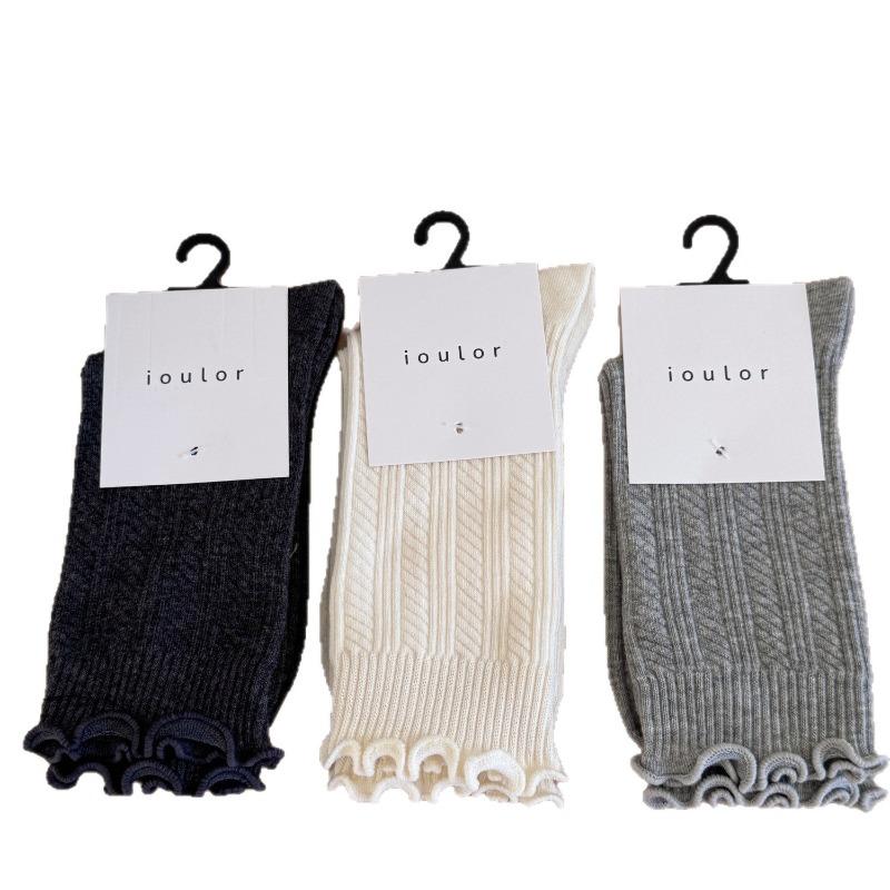 Black Fungus Edge Socks, Women's Mid-calf Socks, Combed Cotton Socks, Vertical Striped Ballet-style Pile Socks