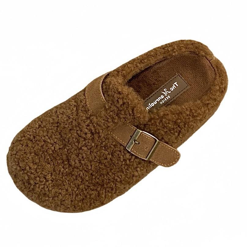 2025 New Belt Buckle Thick-soled Imitation Lamb Wool Cotton Slippers Outer Wear Bag Head Fluff Half-drag Warm Women's Shoes Slippers