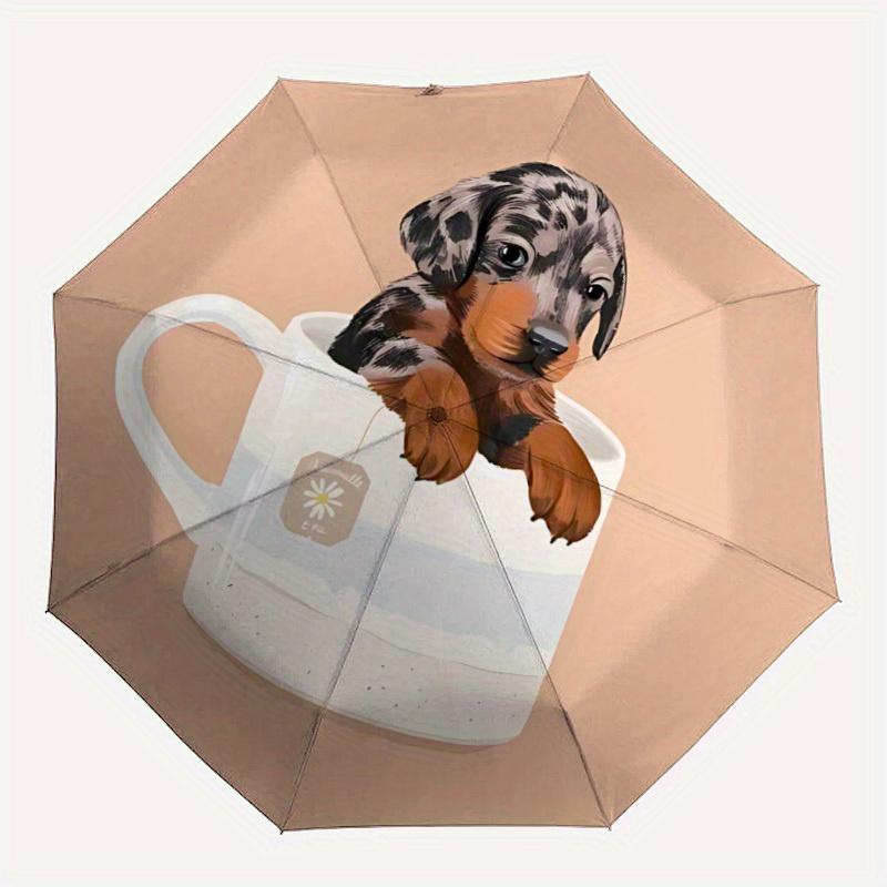 

1pc Tea Cup Pup Automatic Open/Close Umbrella - Compact Travel Umbrella, 8-Rib Heavy-Duty Construction, Ideal Gift, Outdoor Accessory, Styli