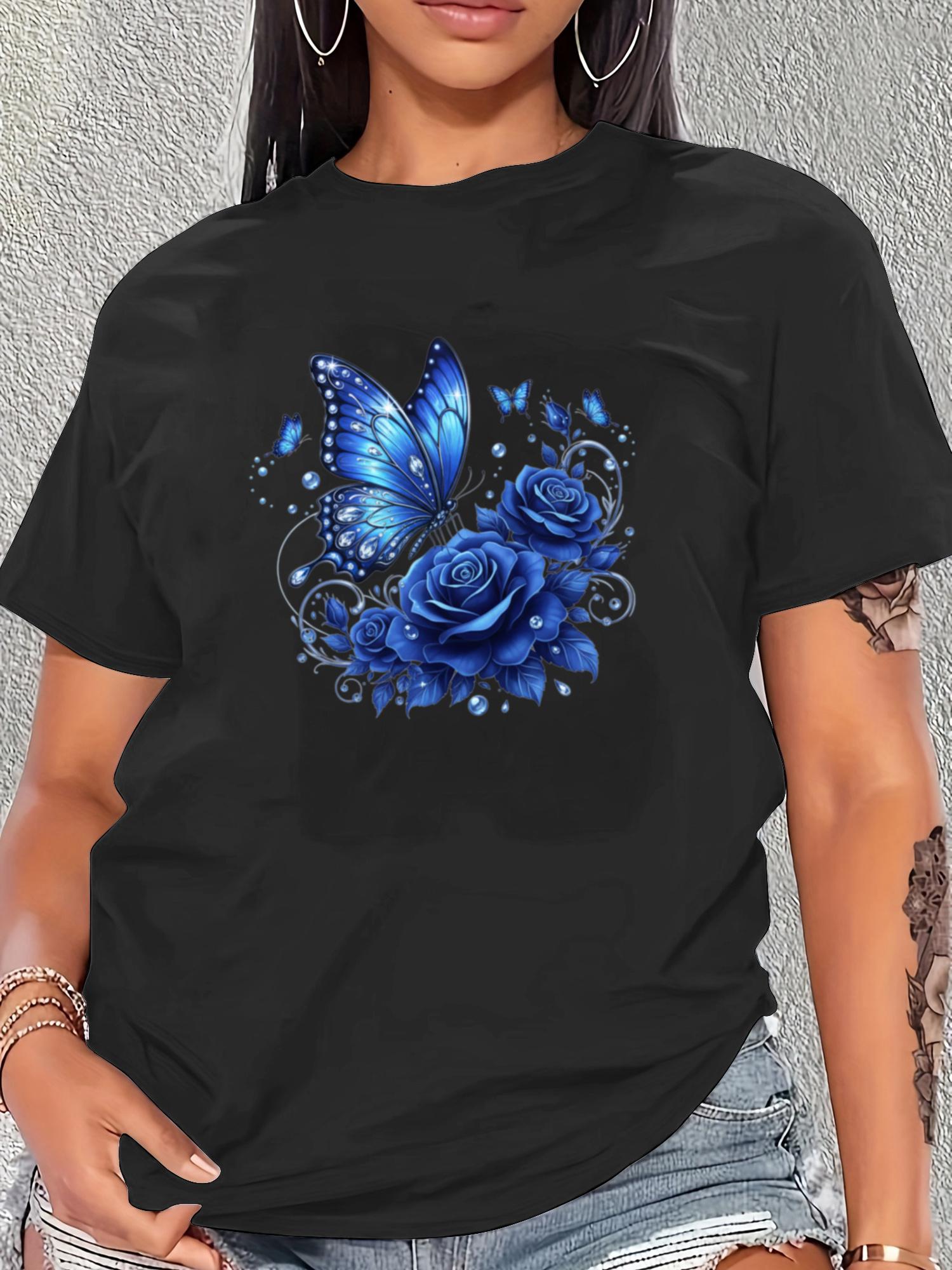 

Women S T-Shirt Artistic Mystic Blue Flower T-Shirt, Casual Round Neck Fashion Apparel, Comfortable Loose Fit Clothing 4XL