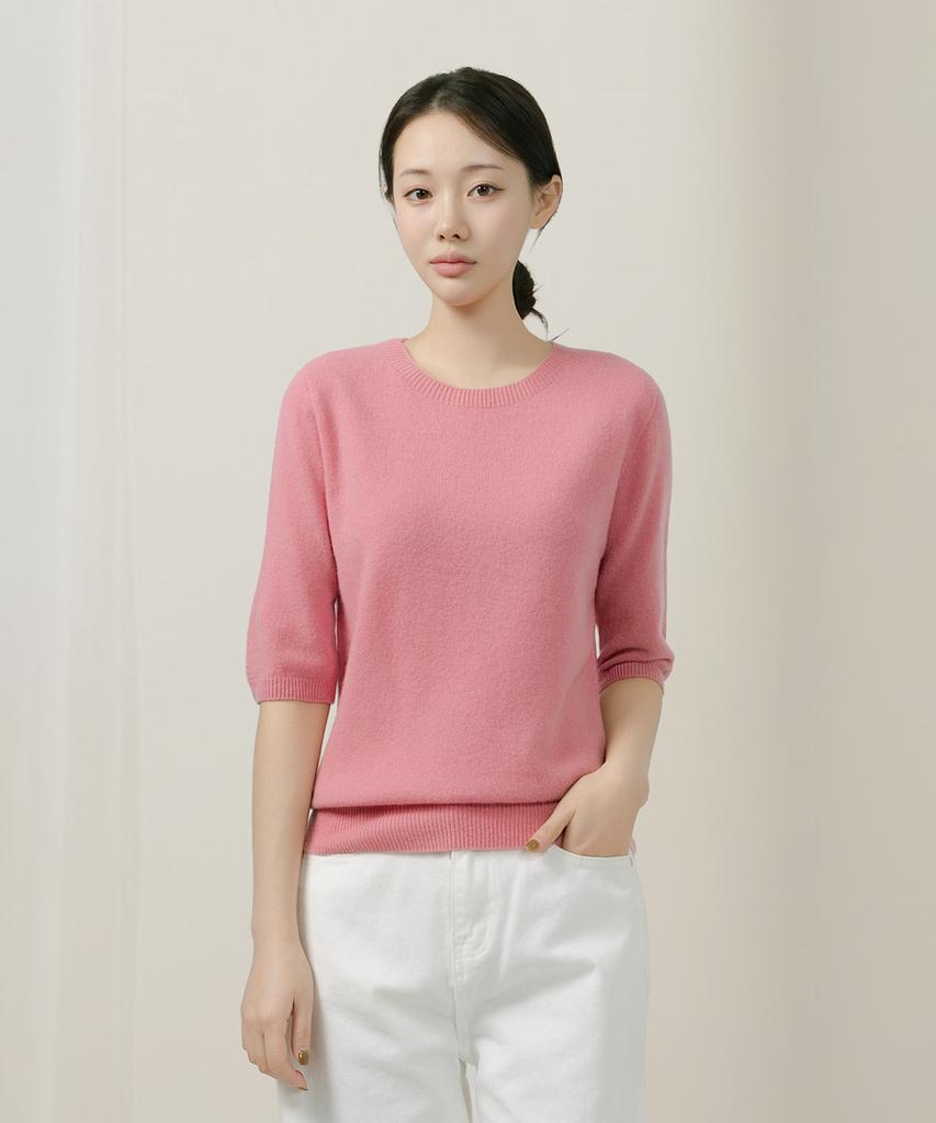Keulleiseu 100% Wool Round Neck Raglan 3/4 Sleeve Knit_Light Purple