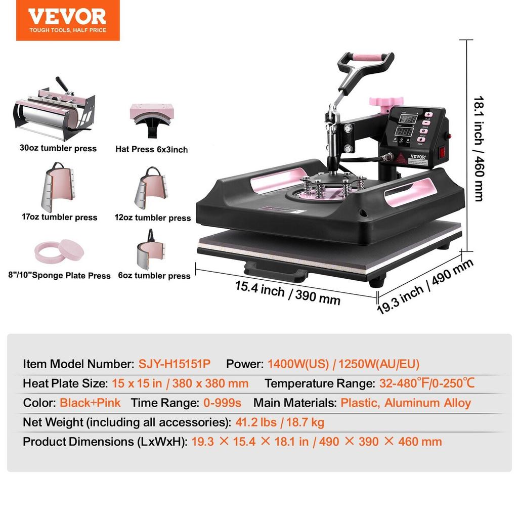 8 in 1 Heat Press Machine 15x15 in 30oz Tumbler Press T-Shirts Black