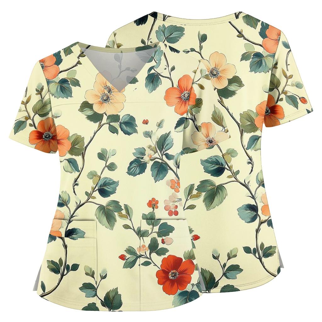 Floral Print V Neck Medical Scrub Top with Pockets Side Slits Short Sleeve Nurse Uniform Shirt for Women Comfortable Fit