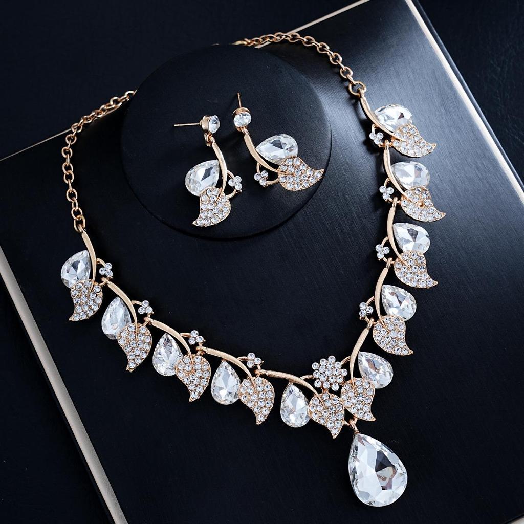 Retro Ethnic Water Drop Gem Necklace & Leaf Jewelry Set for Women
