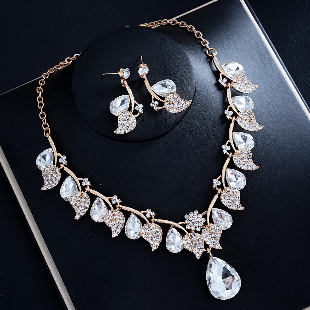 Retro Ethnic Water Drop Gem Necklace & Leaf Jewelry Set for Women