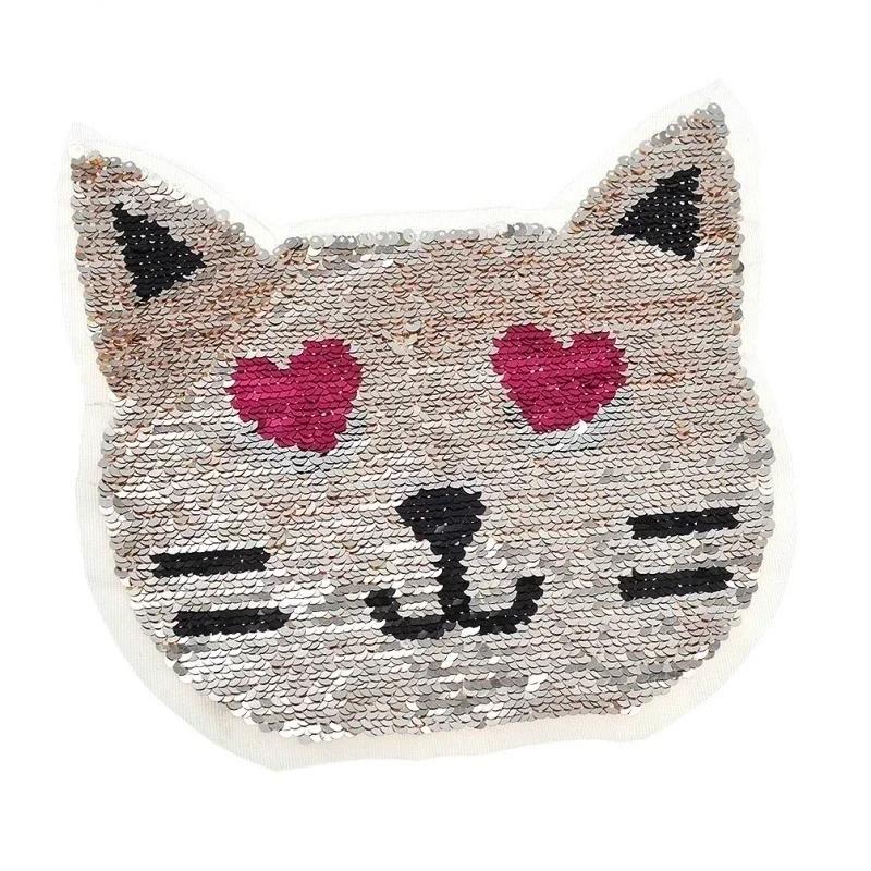 New Cat AB Face Color Changing Patch Cartoon Flipped Sequin Fabric Patch Personalized DIY Clothing Loopholes Changed Style Patch